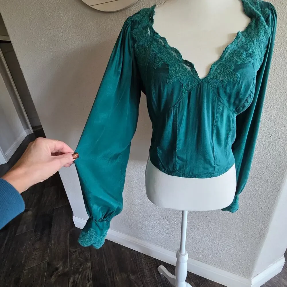 #498 Free People Teal Knit Top with Lace Detail